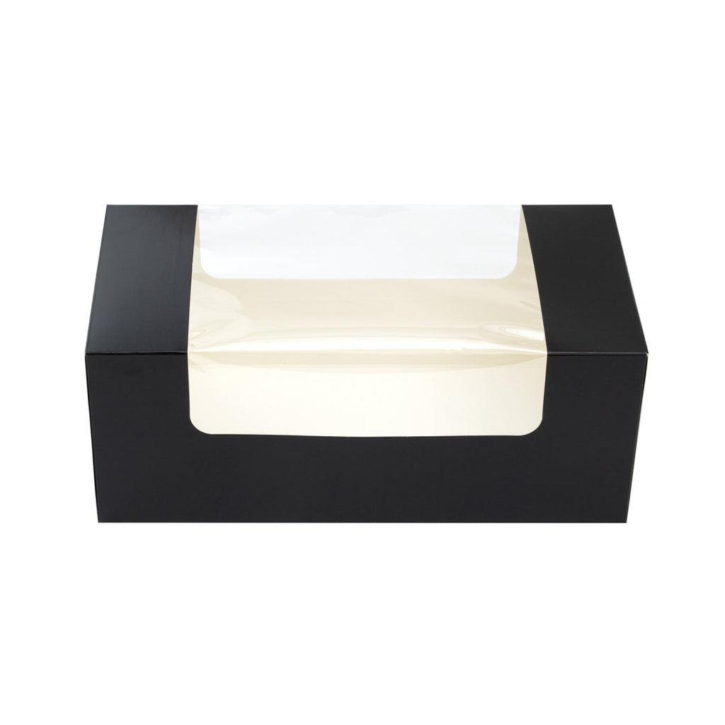 Pastry Tek Black Paper Pastry / Cake Box - with Window - 9 3/4" x 4 3/4" x 4" - 100 count box