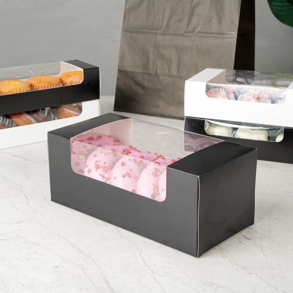 Pastry Tek Black Paper Pastry / Cake Box - with Window - 9 3/4" x 4 3/4" x 4" - 100 count box