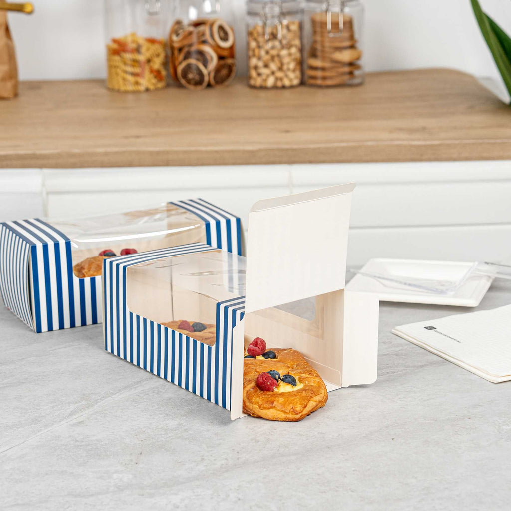 Pastry Tek Blue and White Stripe Paper Pastry / Cake Box - with Window - 9 3/4" x 4 3/4" x 4" - 100 count box