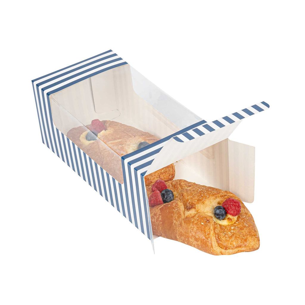 Pastry Tek Blue and White Stripe Paper Pastry / Cake Box - with Window - 9 3/4" x 4 3/4" x 4" - 100 count box