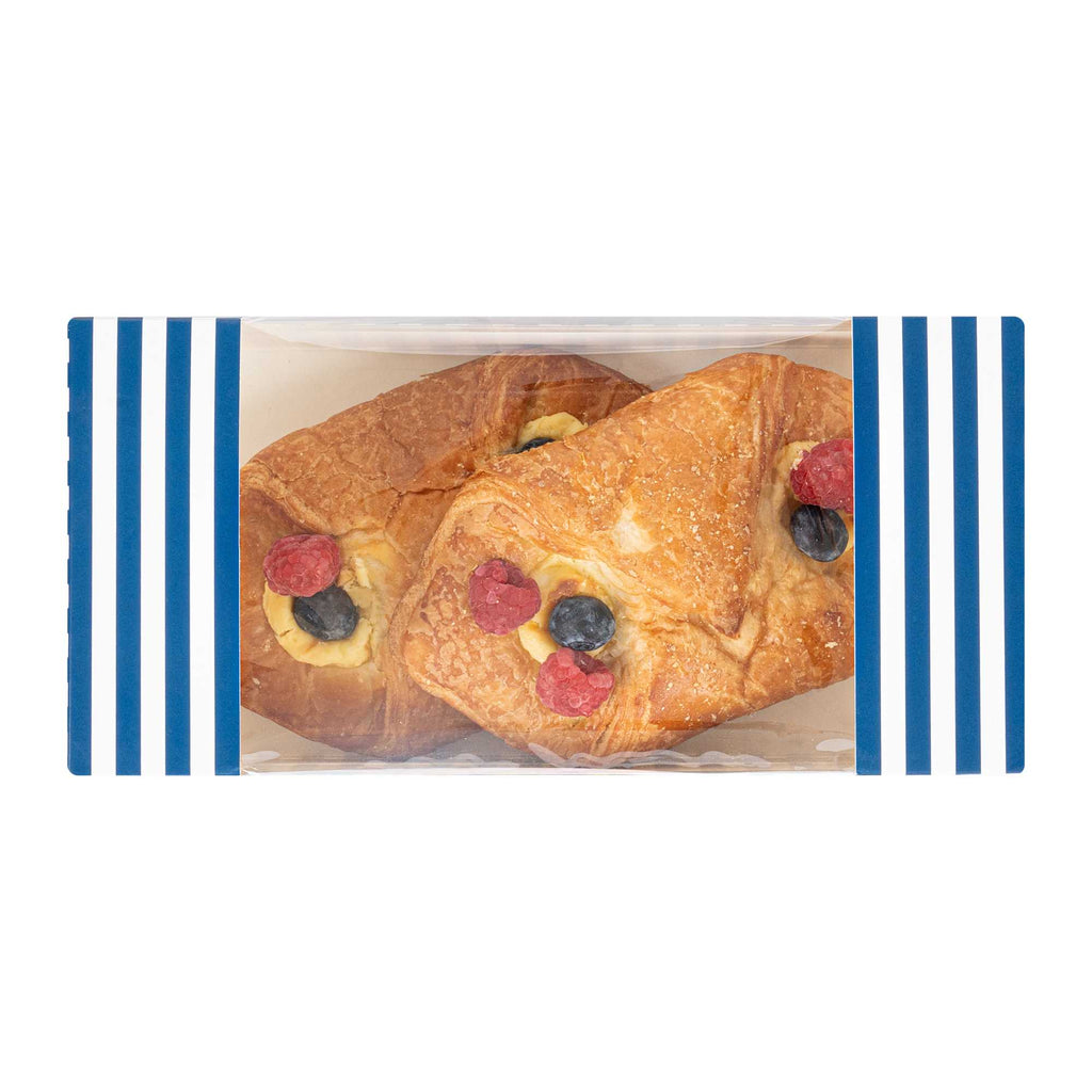 Pastry Tek Blue and White Stripe Paper Pastry / Cake Box - with Window - 9 3/4" x 4 3/4" x 4" - 100 count box