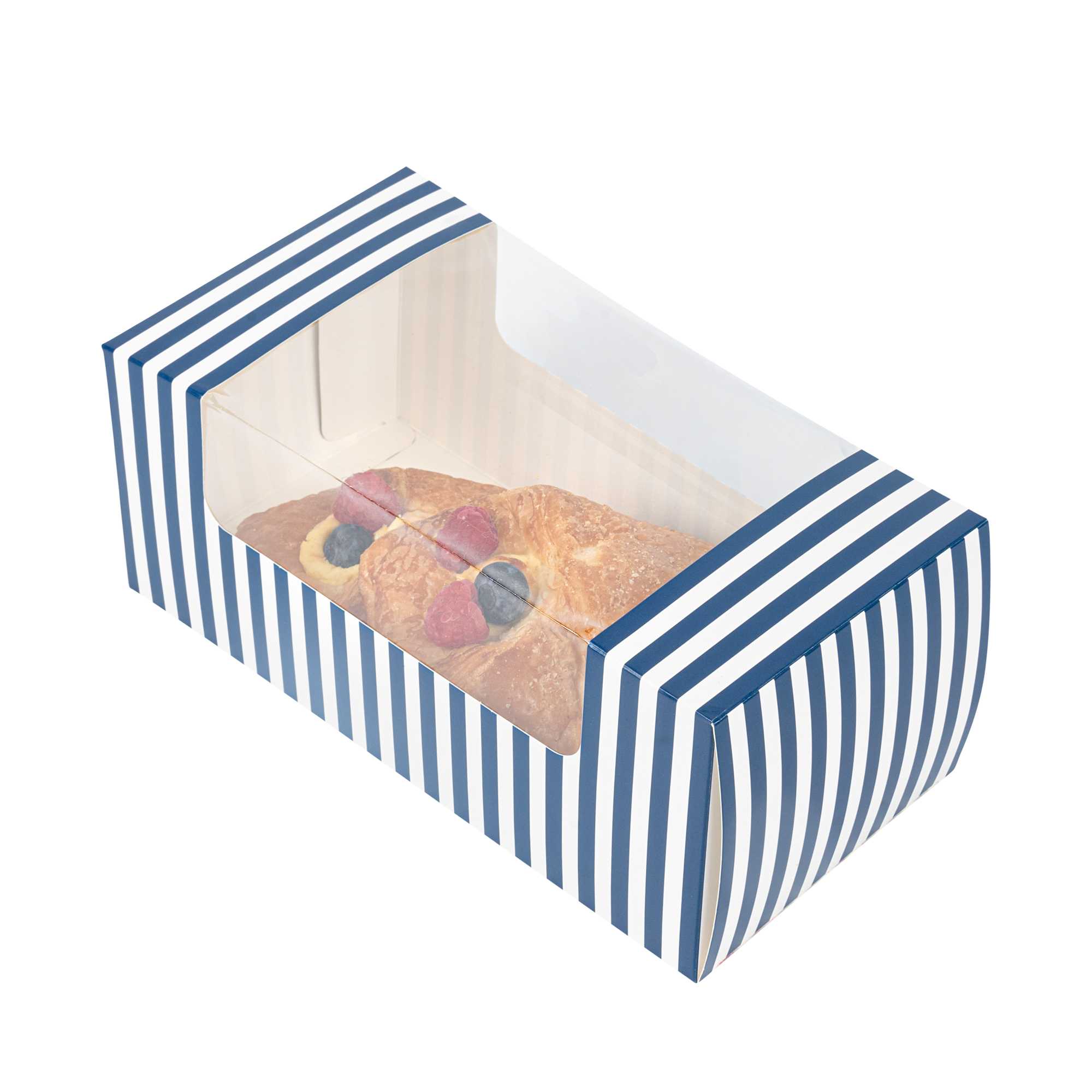 Pastry Tek Blue and White Stripe Paper Pastry / Cake Box - with Window - 9 3/4" x 4 3/4" x 4" - 100 count box