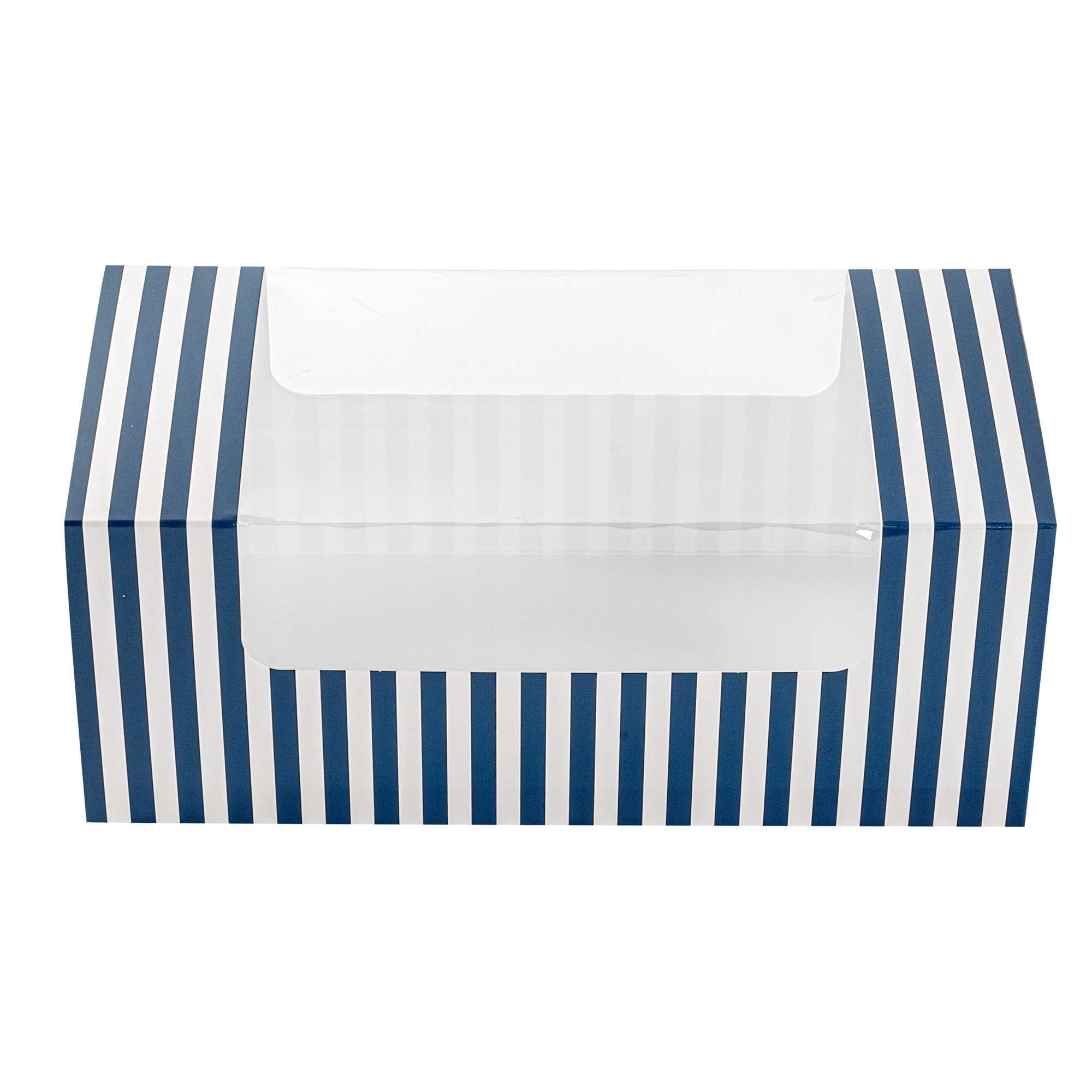 Pastry Tek Blue and White Stripe Paper Pastry / Cake Box - with Window - 9 3/4" x 4 3/4" x 4" - 100 count box