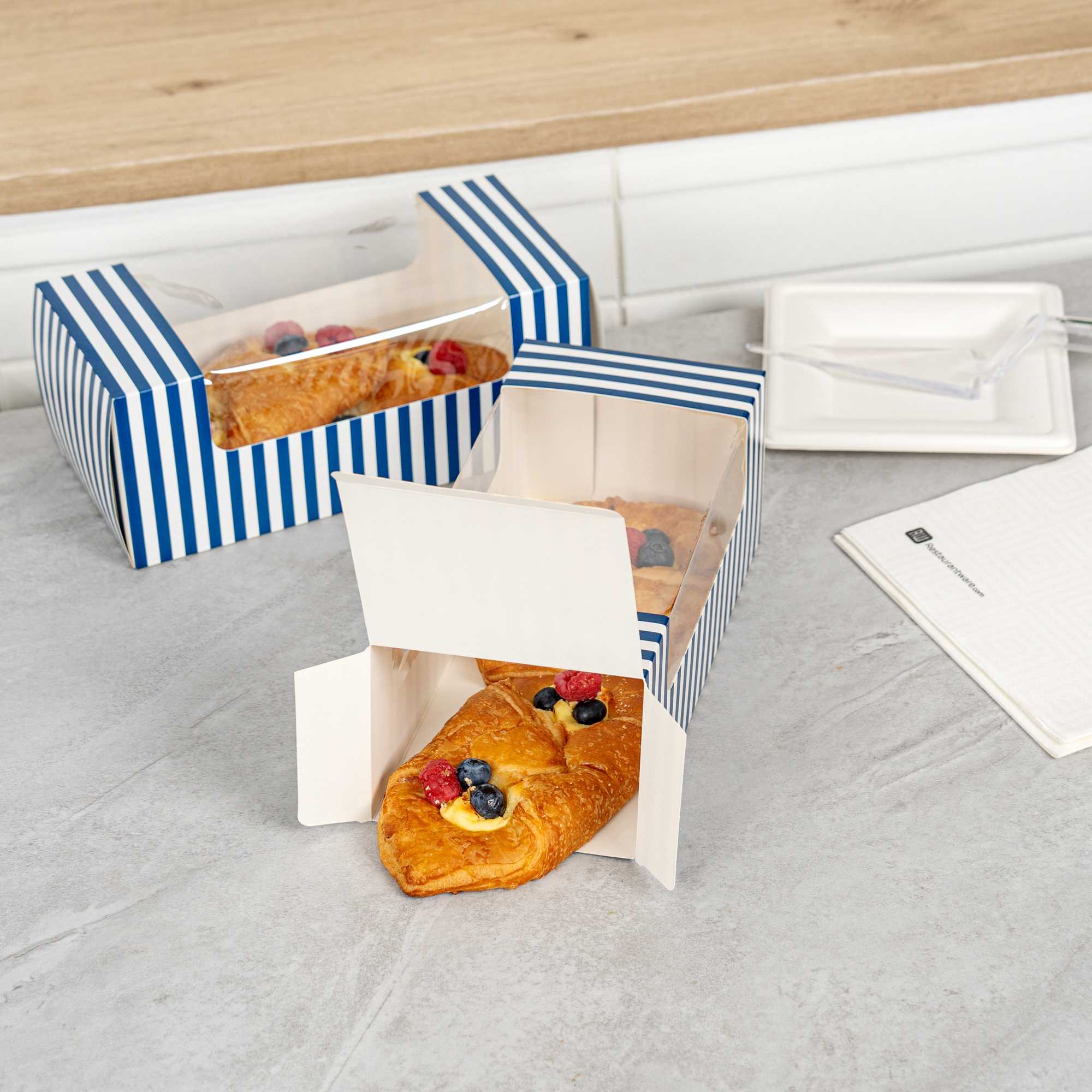 Pastry Tek Blue and White Stripe Paper Pastry / Cake Box - with Window - 9 3/4" x 4 3/4" x 4" - 100 count box