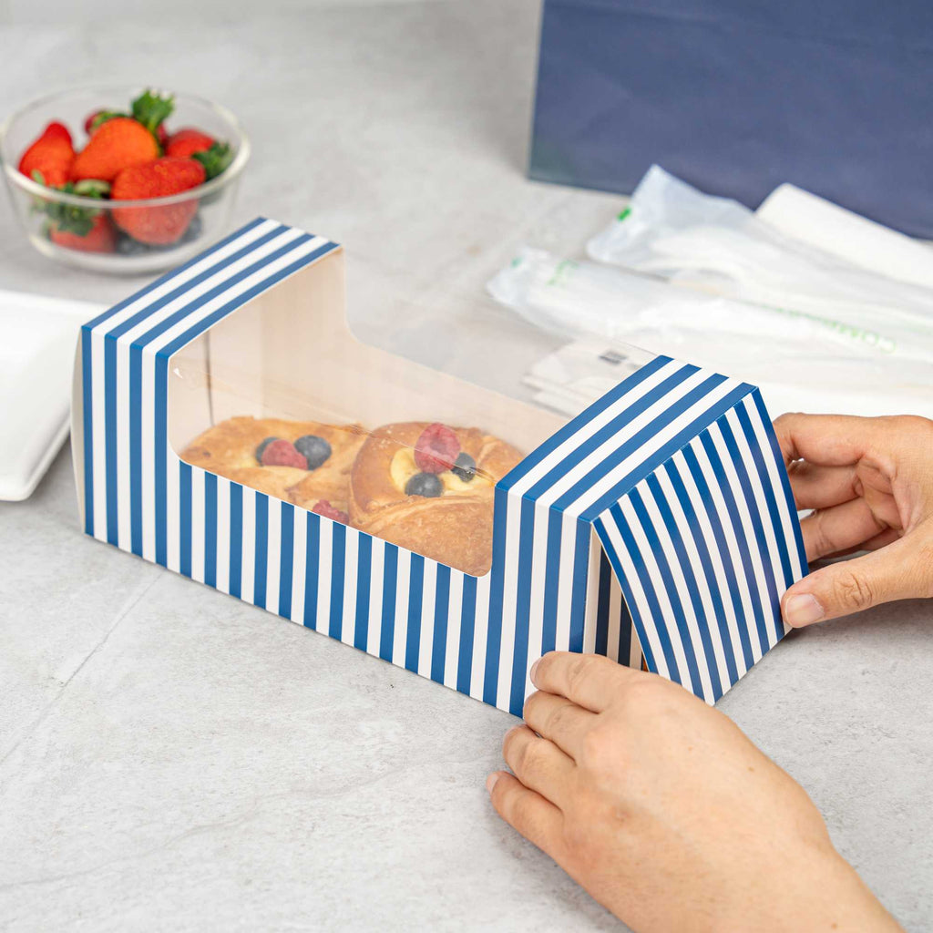 Pastry Tek Blue and White Stripe Paper Pastry / Cake Box - with Window - 9 3/4" x 4 3/4" x 4" - 100 count box
