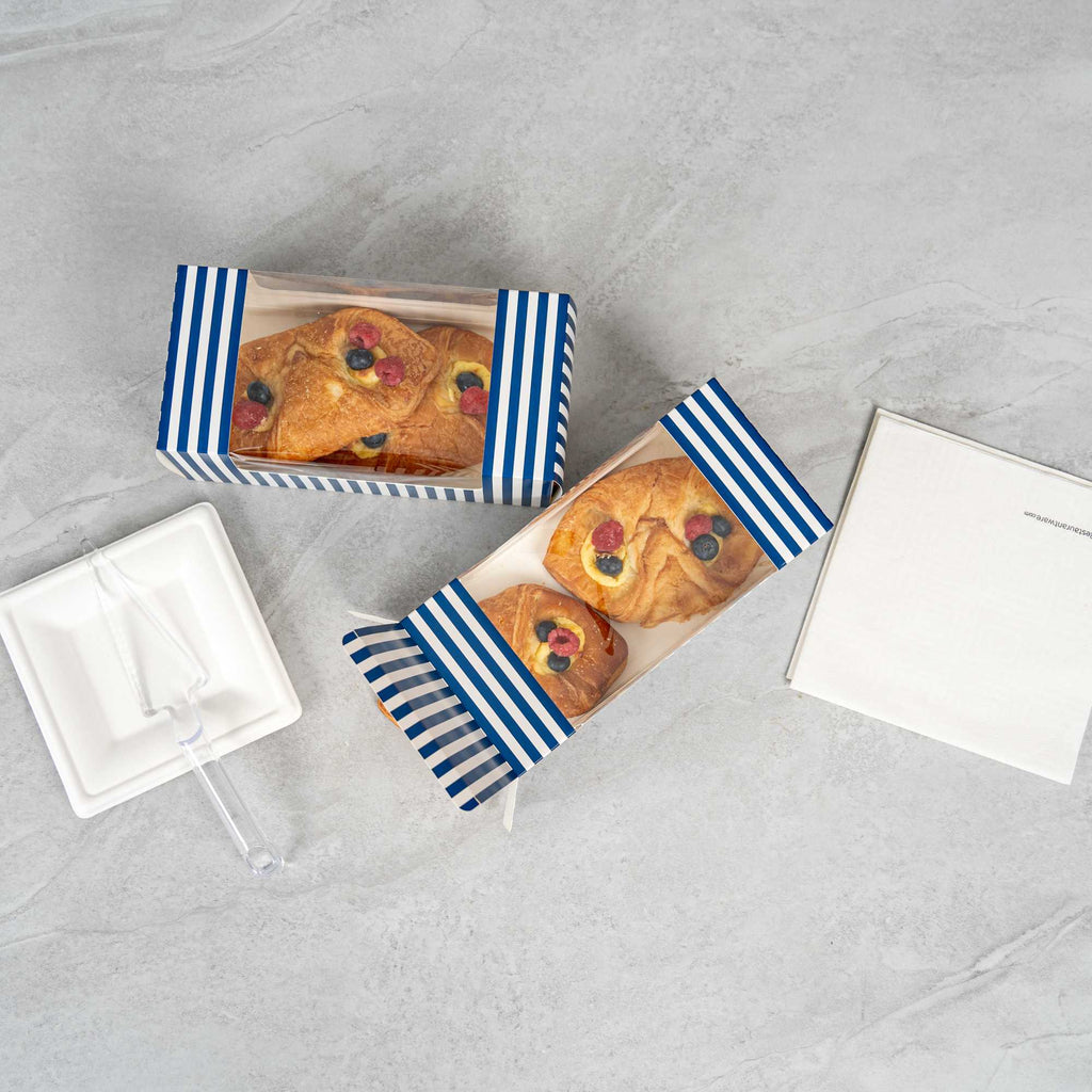 Pastry Tek Blue and White Stripe Paper Pastry / Cake Box - with Window - 9 3/4" x 4 3/4" x 4" - 100 count box