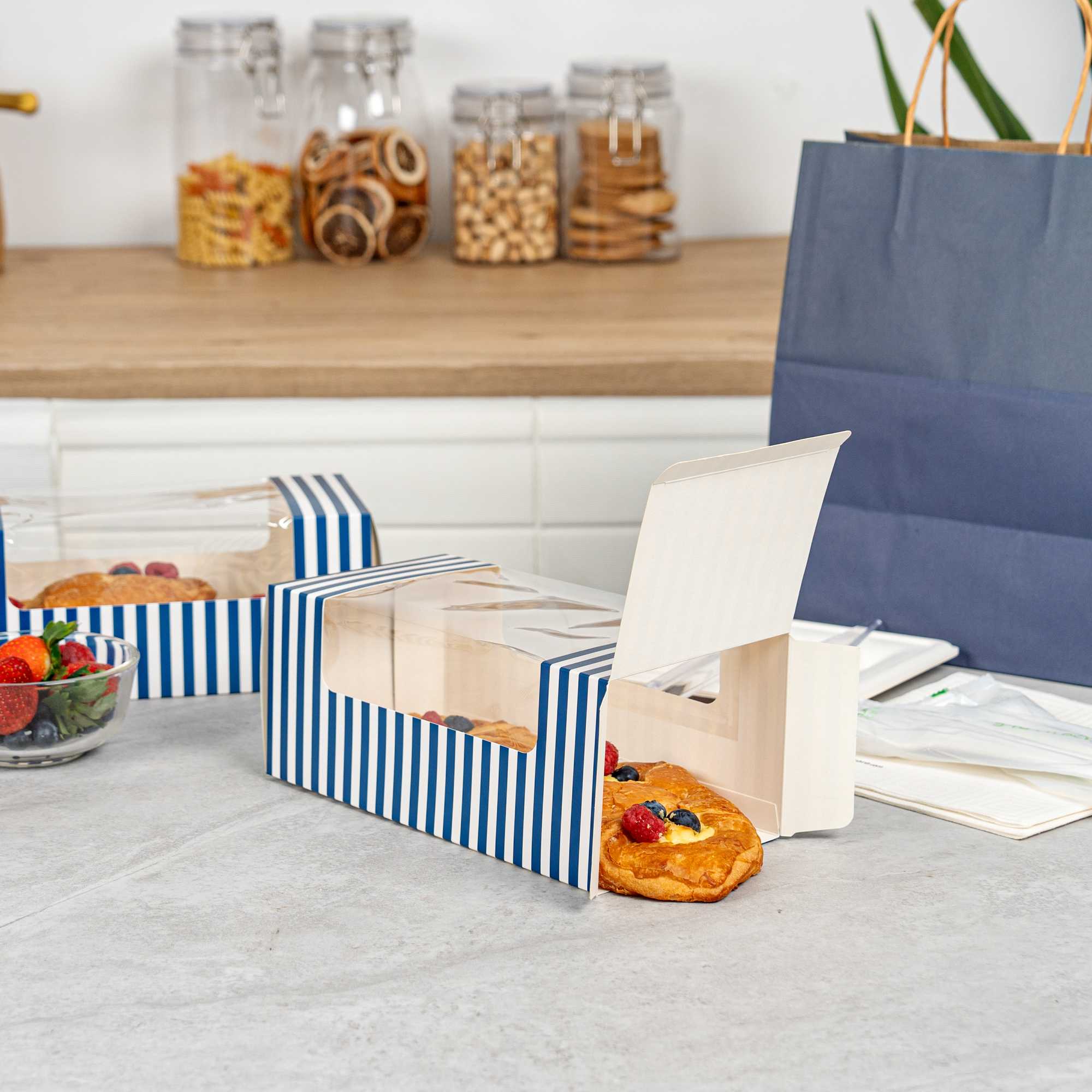 Pastry Tek Blue and White Stripe Paper Pastry / Cake Box - with Window - 9 3/4" x 4 3/4" x 4" - 100 count box