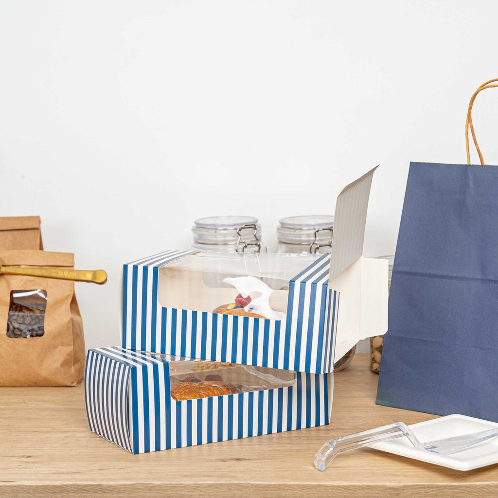Pastry Tek Blue and White Stripe Paper Pastry / Cake Box - with Window - 9 3/4" x 4 3/4" x 4" - 100 count box