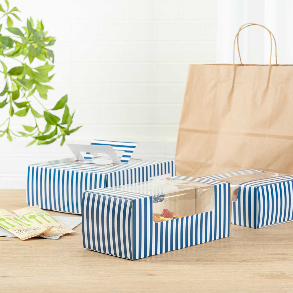 Pastry Tek Blue and White Stripe Paper Pastry / Cake Box - with Window - 9 3/4" x 4 3/4" x 4" - 100 count box