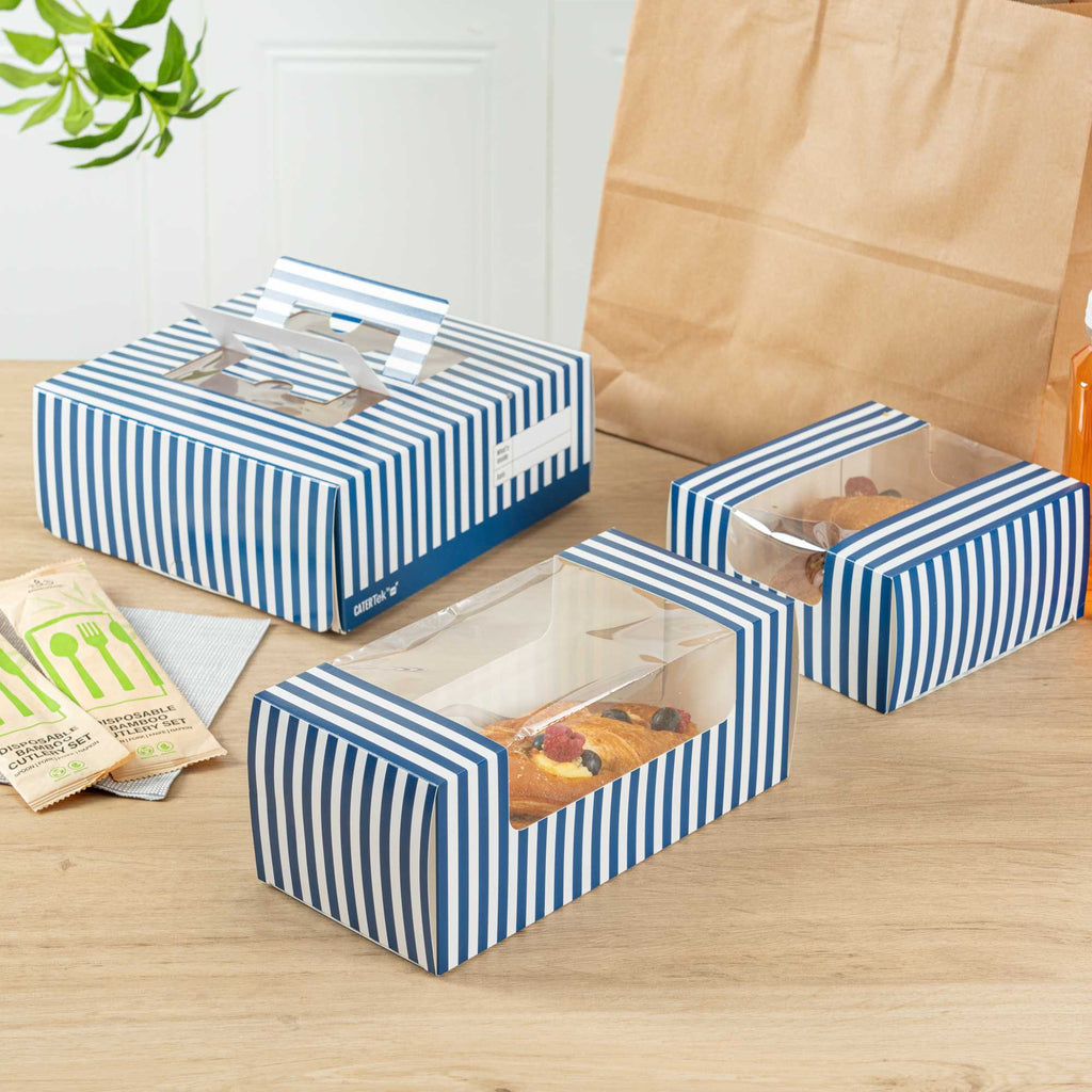 Pastry Tek Blue and White Stripe Paper Pastry / Cake Box - with Window - 9 3/4" x 4 3/4" x 4" - 100 count box