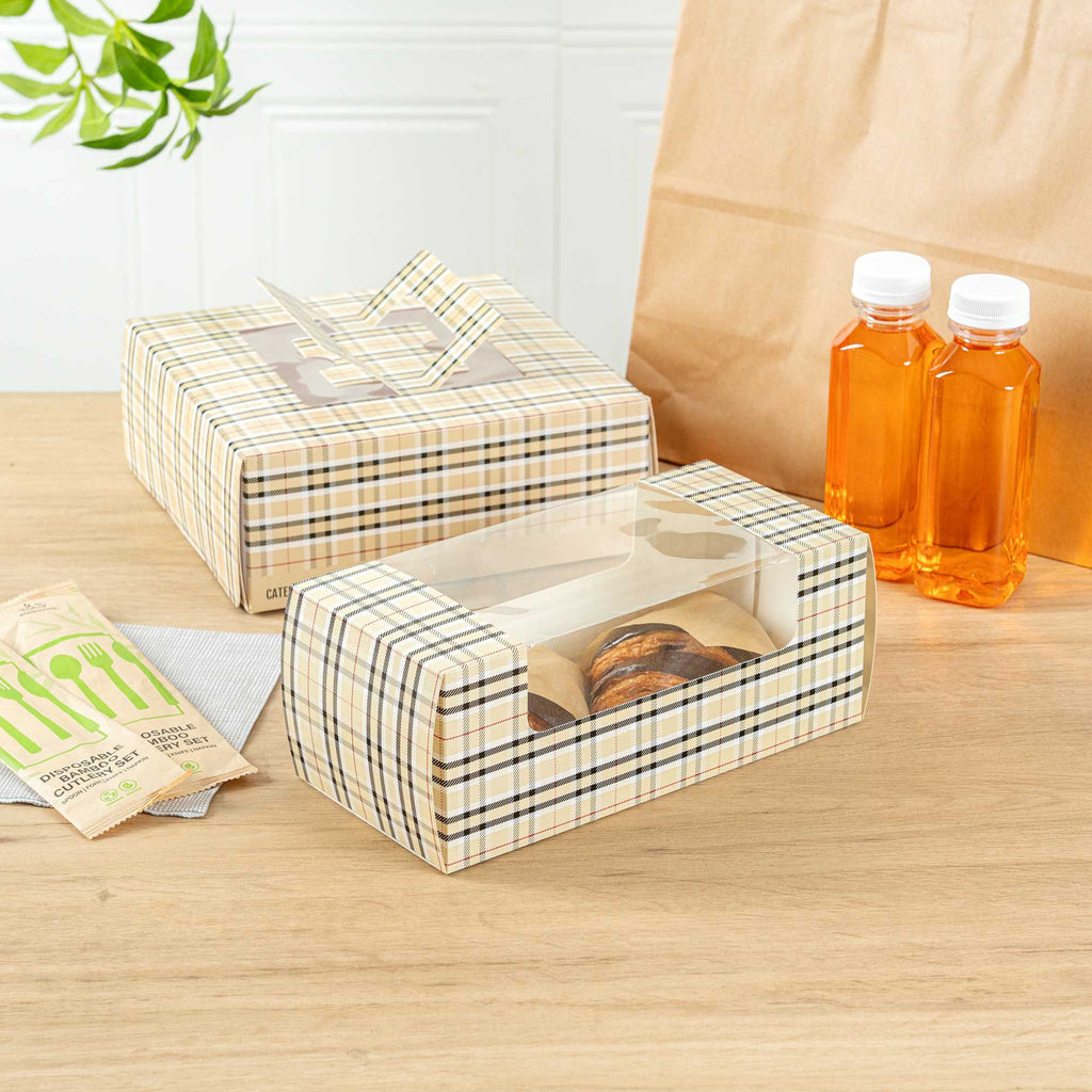 Pastry Tek Plaid Paper Pastry / Cake Box - with Window - 9 3/4" x 4 3/4" x 4" - 100 count box
