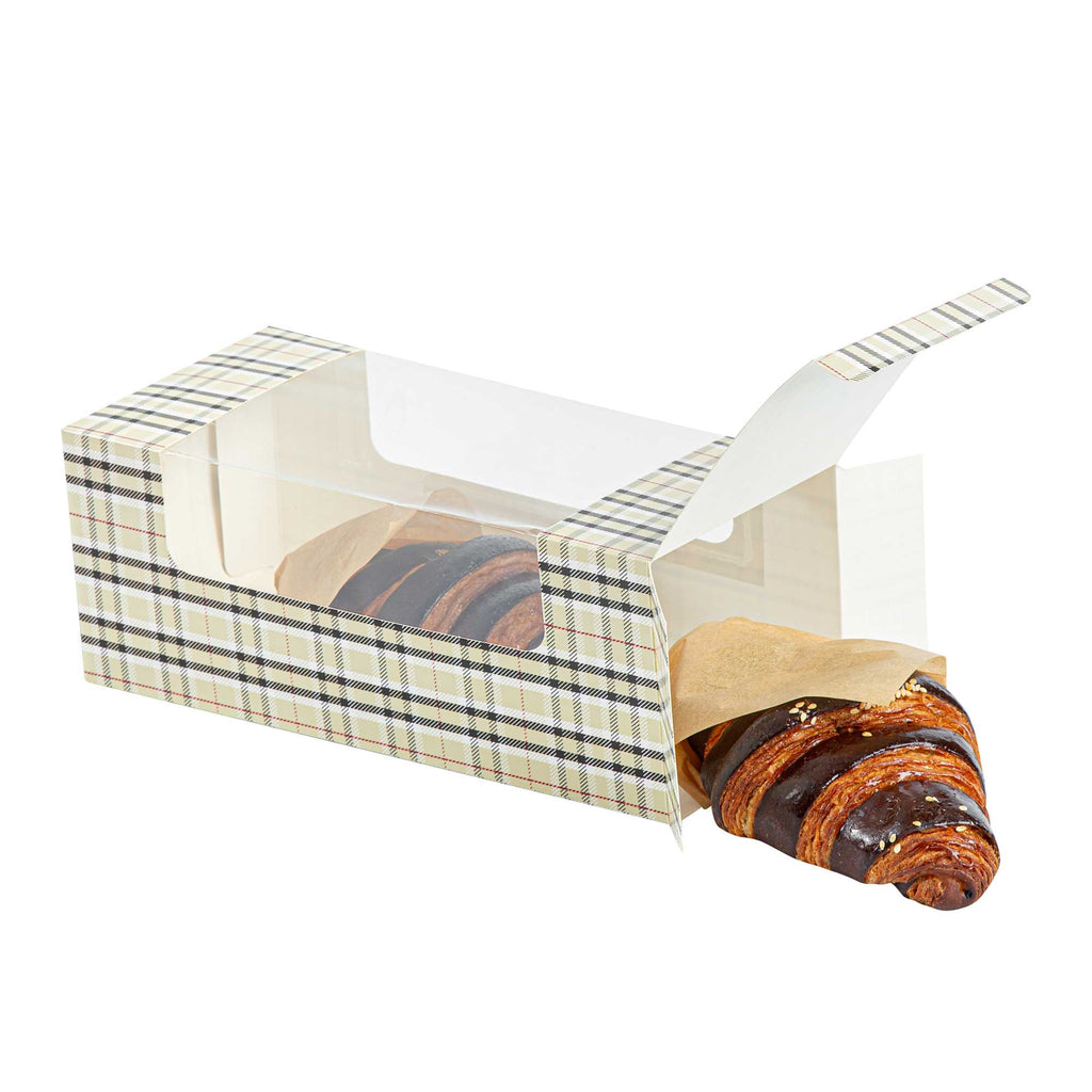 Pastry Tek Plaid Paper Pastry / Cake Box - with Window - 9 3/4" x 4 3/4" x 4" - 100 count box