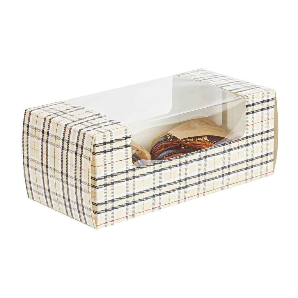 Pastry Tek Plaid Paper Pastry / Cake Box - with Window - 9 3/4" x 4 3/4" x 4" - 100 count box