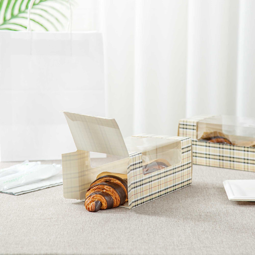 Pastry Tek Plaid Paper Pastry / Cake Box - with Window - 9 3/4" x 4 3/4" x 4" - 100 count box
