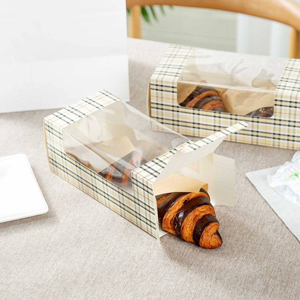 Pastry Tek Plaid Paper Pastry / Cake Box - with Window - 9 3/4" x 4 3/4" x 4" - 100 count box
