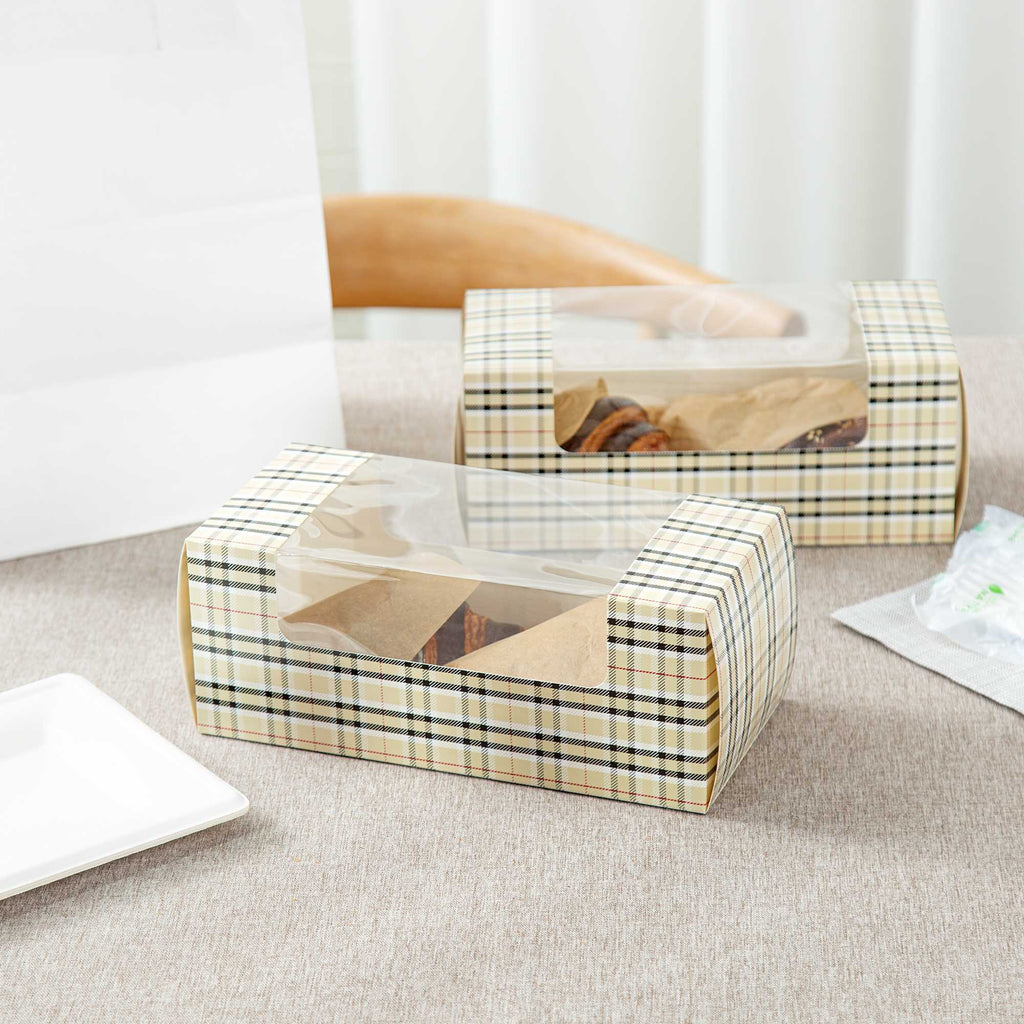 Pastry Tek Plaid Paper Pastry / Cake Box - with Window - 9 3/4" x 4 3/4" x 4" - 100 count box