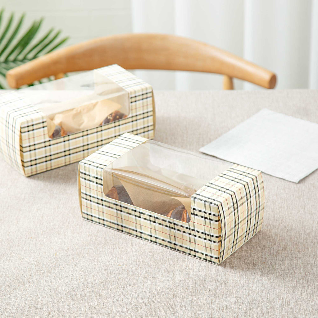 Pastry Tek Plaid Paper Pastry / Cake Box - with Window - 9 3/4" x 4 3/4" x 4" - 100 count box