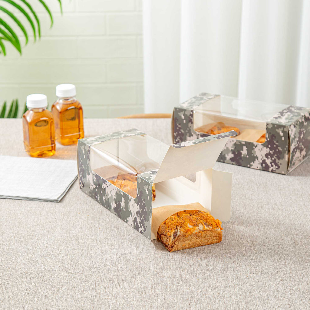 Pastry Tek Camouflage Paper Pastry / Cake Box - with Window - 9 3/4" x 4 3/4" x 4" - 100 count box