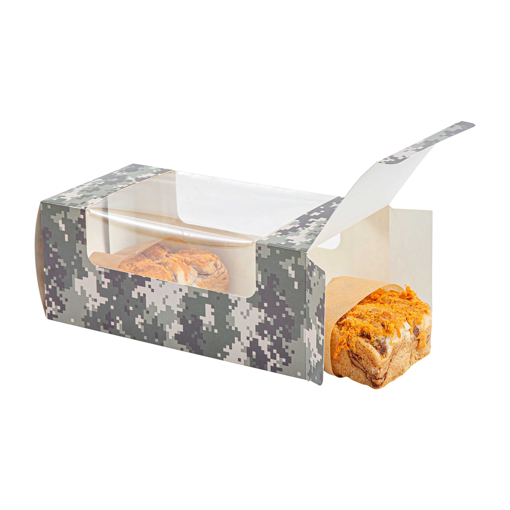 Pastry Tek Camouflage Paper Pastry / Cake Box - with Window - 9 3/4" x 4 3/4" x 4" - 100 count box