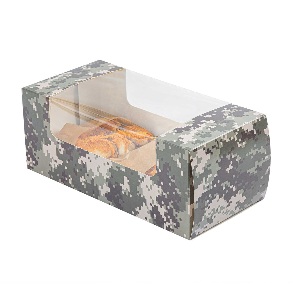 Pastry Tek Camouflage Paper Pastry / Cake Box - with Window - 9 3/4" x 4 3/4" x 4" - 100 count box
