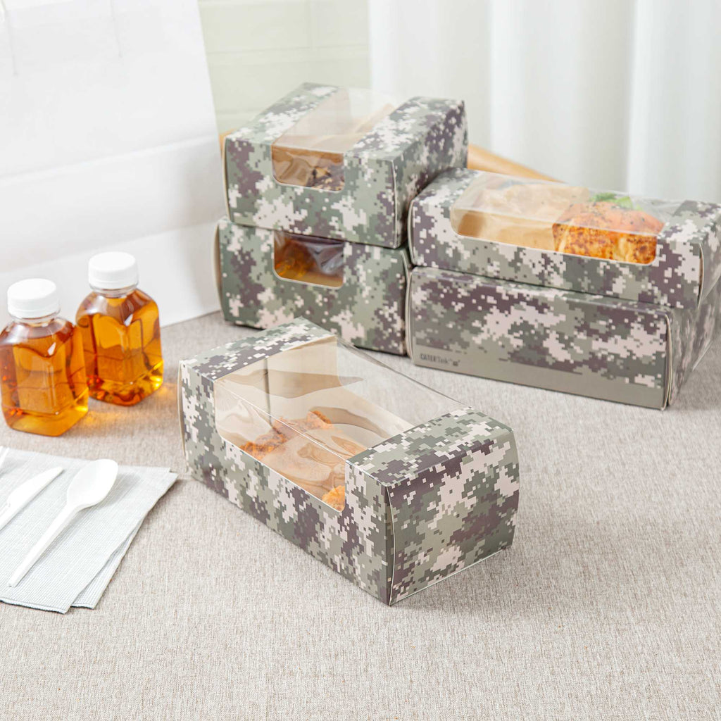 Pastry Tek Camouflage Paper Pastry / Cake Box - with Window - 9 3/4" x 4 3/4" x 4" - 100 count box