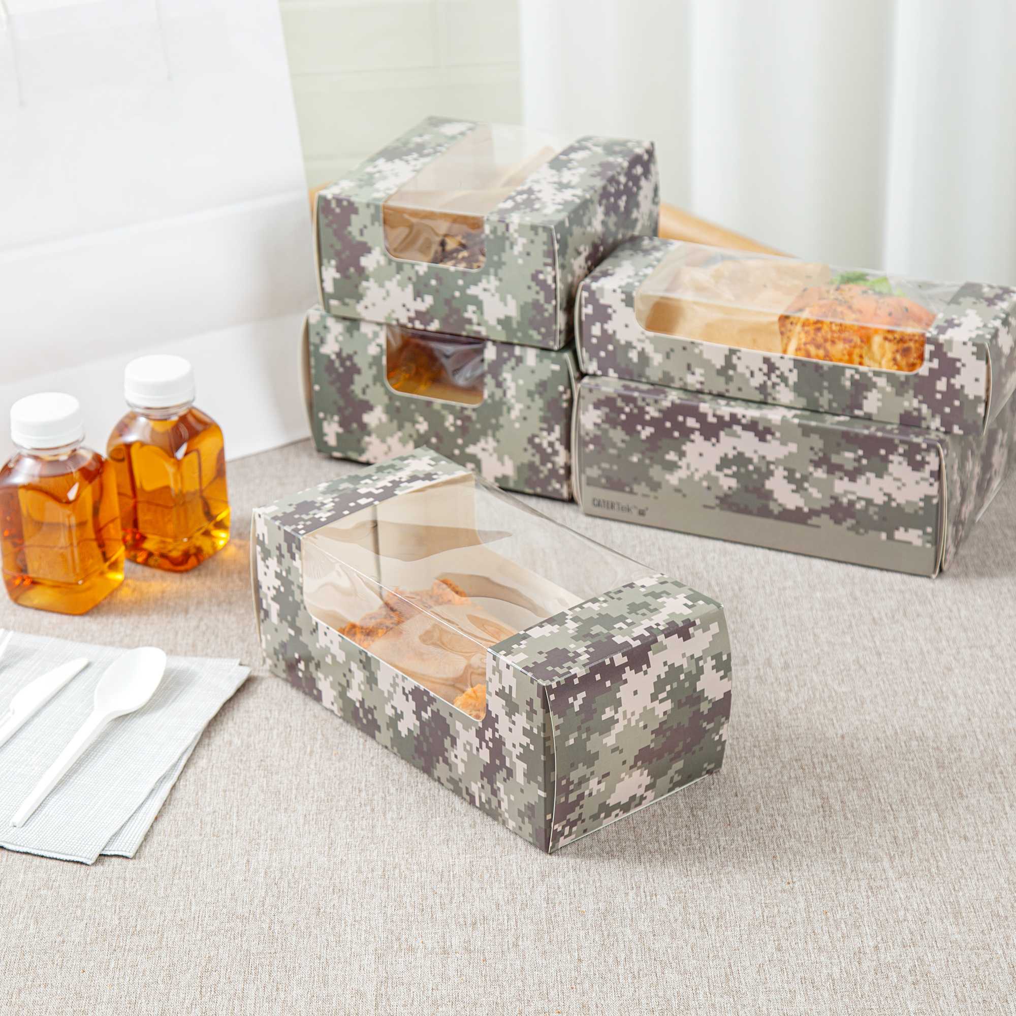 Pastry Tek Camouflage Paper Pastry / Cake Box - with Window - 9 3/4" x 4 3/4" x 4" - 100 count box