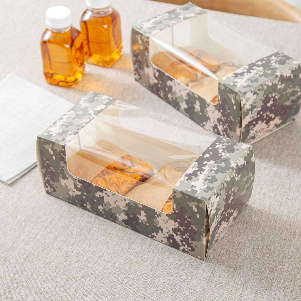Pastry Tek Camouflage Paper Pastry / Cake Box - with Window - 9 3/4" x 4 3/4" x 4" - 100 count box