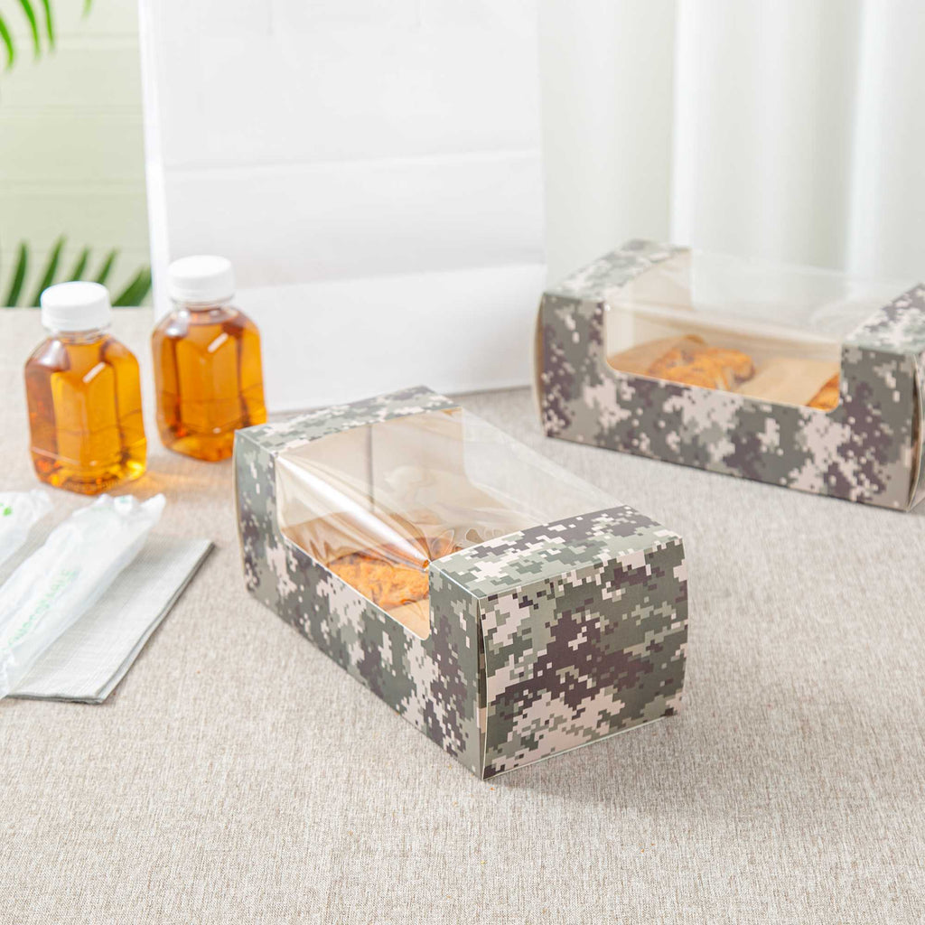 Pastry Tek Camouflage Paper Pastry / Cake Box - with Window - 9 3/4" x 4 3/4" x 4" - 100 count box