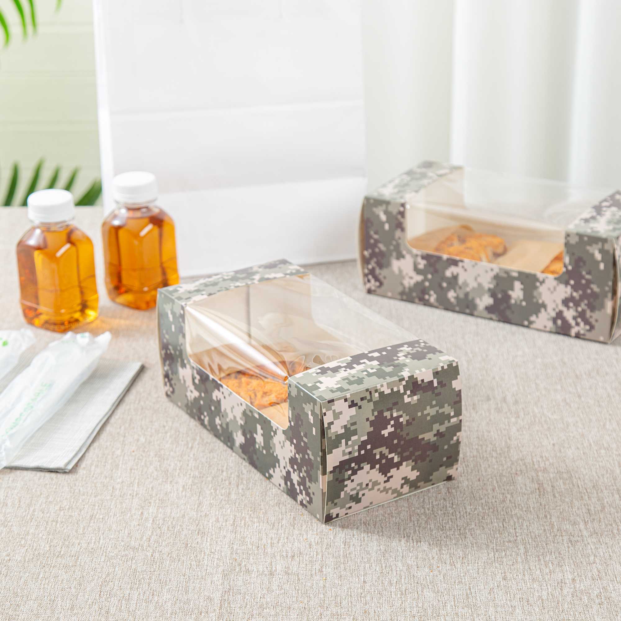 Pastry Tek Camouflage Paper Pastry / Cake Box - with Window - 9 3/4" x 4 3/4" x 4" - 100 count box