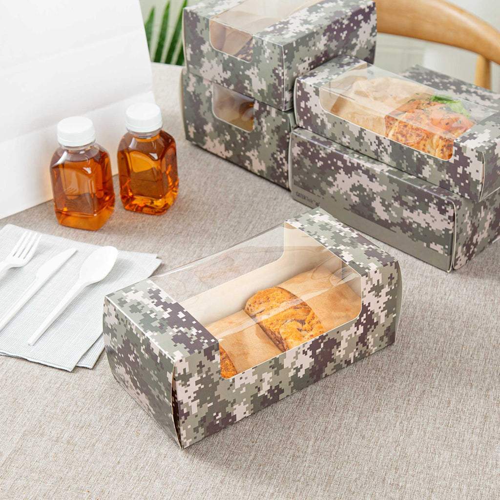 Pastry Tek Camouflage Paper Pastry / Cake Box - with Window - 9 3/4" x 4 3/4" x 4" - 100 count box