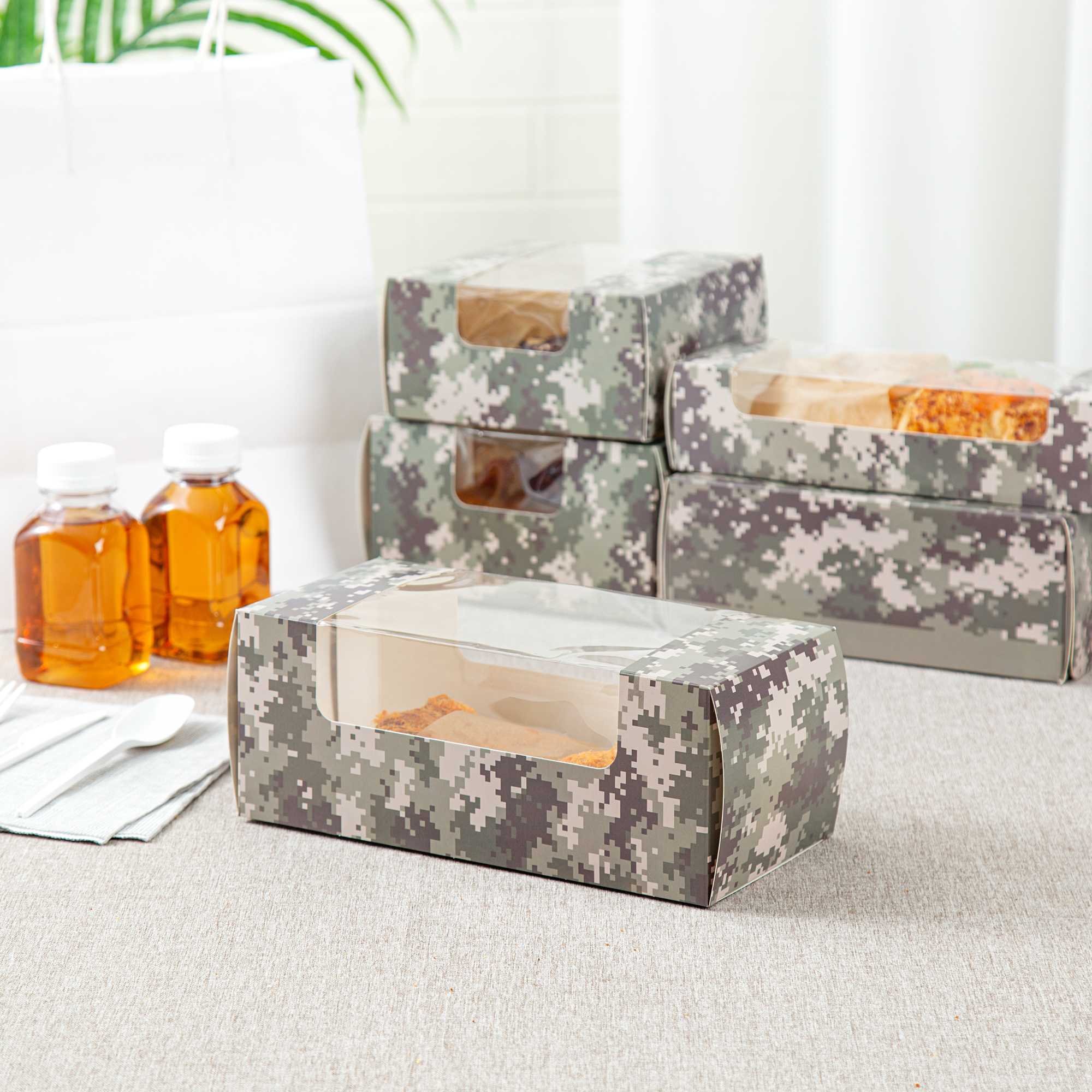 Pastry Tek Camouflage Paper Pastry / Cake Box - with Window - 9 3/4" x 4 3/4" x 4" - 100 count box