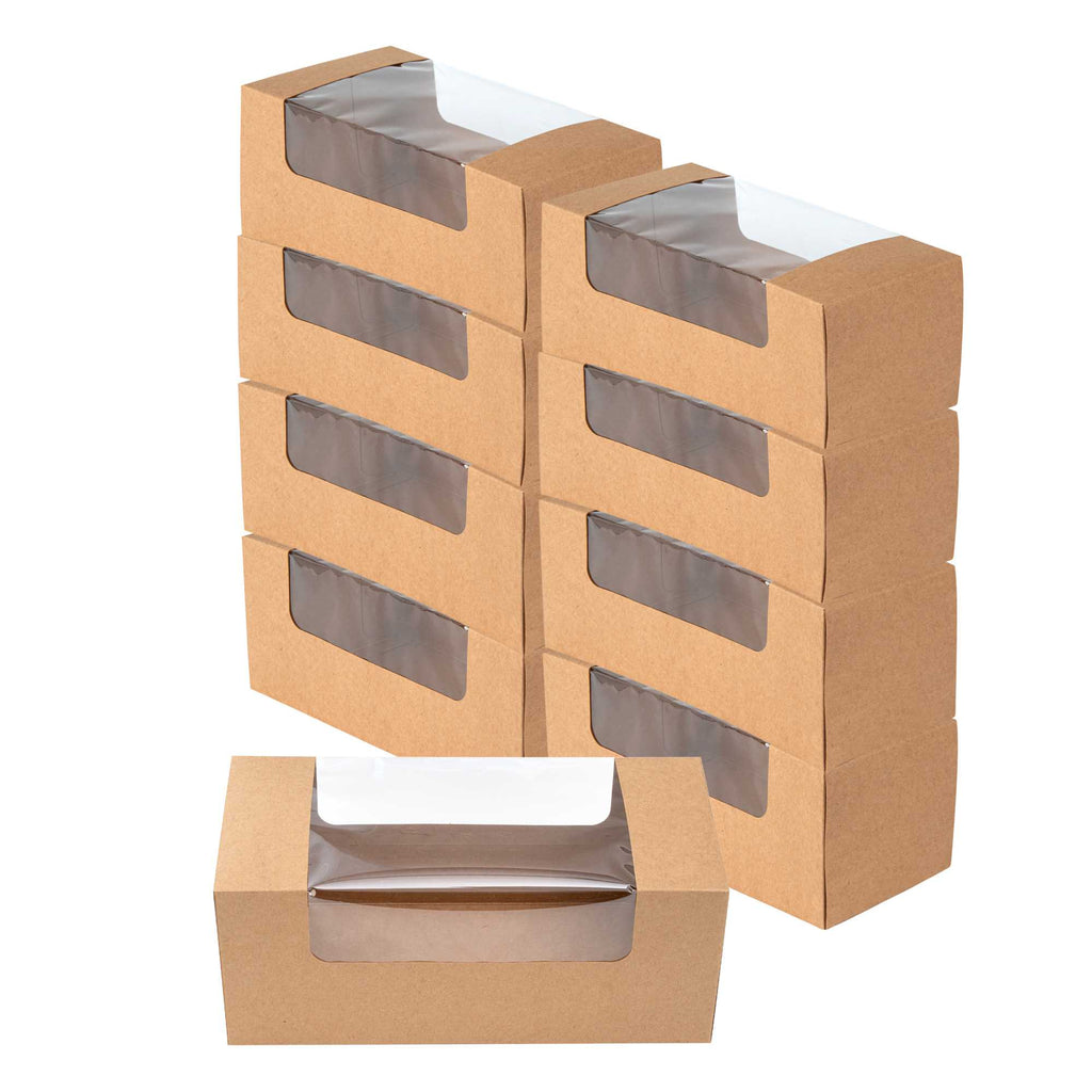 Pastry Tek Kraft Paper Pastry / Cake Box - with Window - 9 3/4" x 4 3/4" x 4" - 100 count box