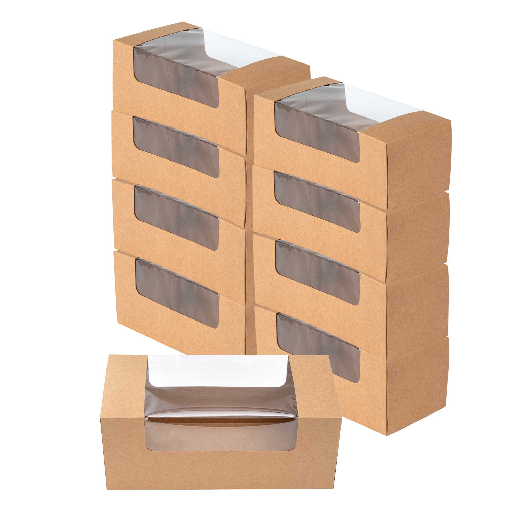 Pastry Tek Kraft Paper Pastry / Cake Box - with Window - 9 3/4" x 4 3/4" x 4" - 100 count box