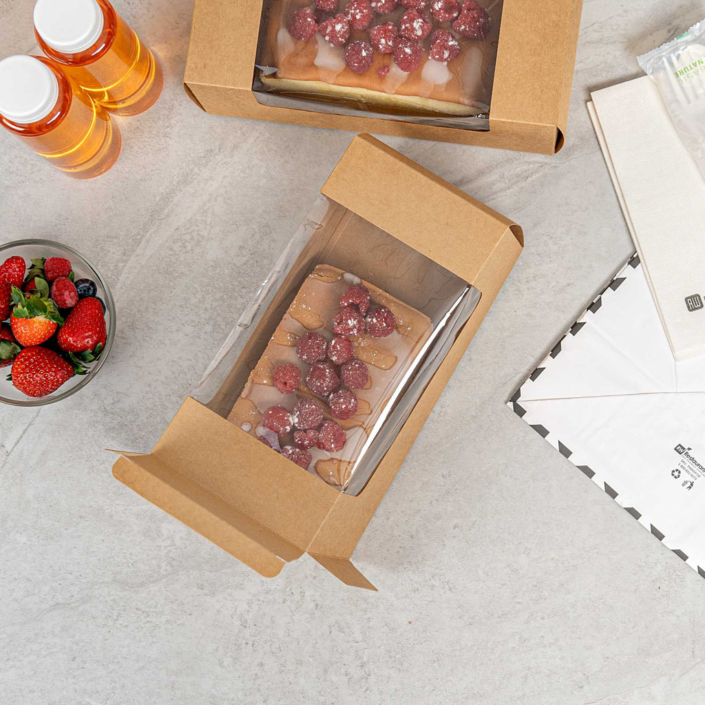 Pastry Tek Kraft Paper Pastry / Cake Box - with Window - 9 3/4" x 4 3/4" x 4" - 100 count box
