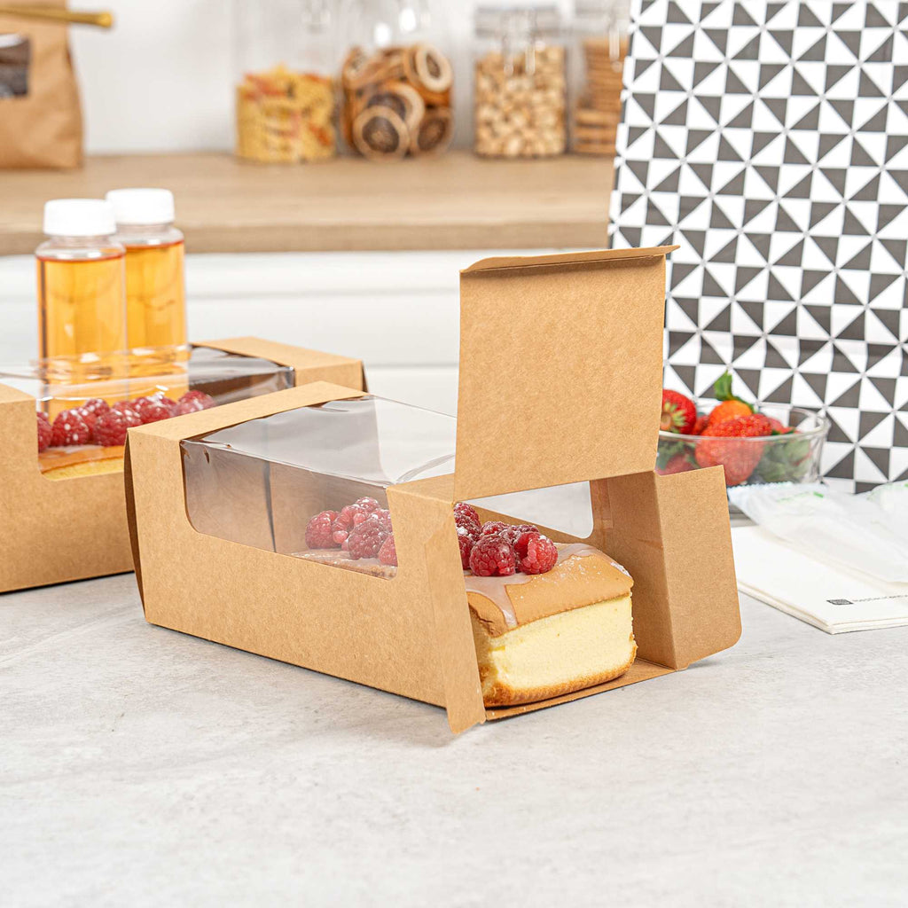 Pastry Tek Kraft Paper Pastry / Cake Box - with Window - 9 3/4" x 4 3/4" x 4" - 100 count box