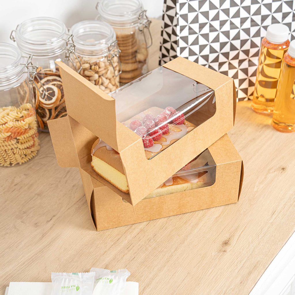Pastry Tek Kraft Paper Pastry / Cake Box - with Window - 9 3/4" x 4 3/4" x 4" - 100 count box