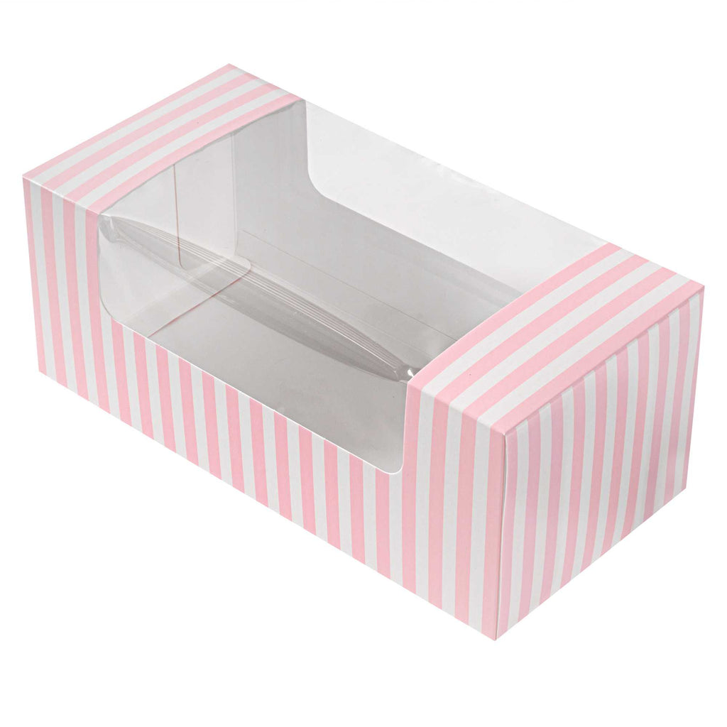 Pastry Tek Pink and White Stripe Paper Pastry / Cake Box - with Window - 9 3/4" x 4 3/4" x 4" - 100 count box