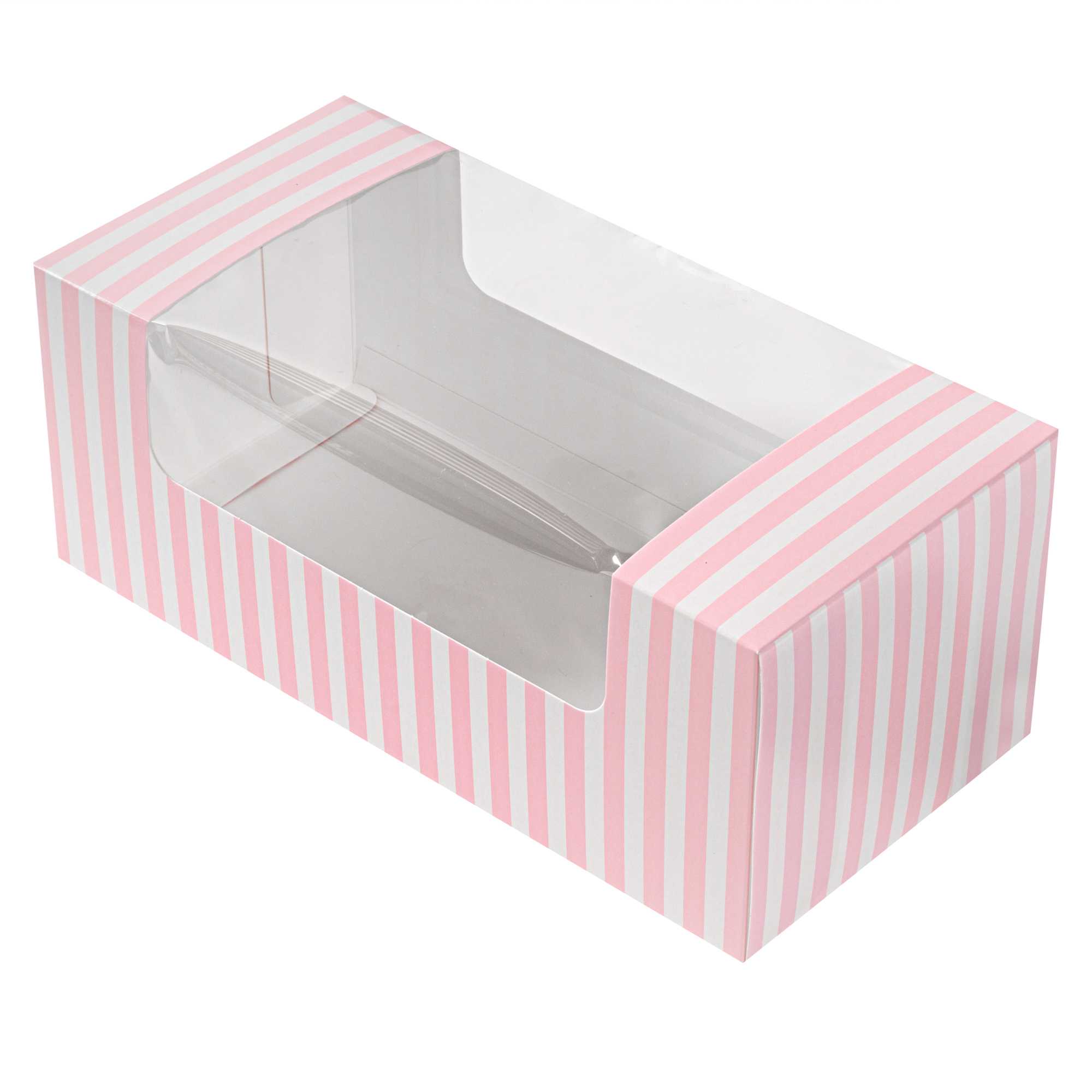 Pastry Tek Pink and White Stripe Paper Pastry / Cake Box - with Window - 9 3/4" x 4 3/4" x 4" - 100 count box