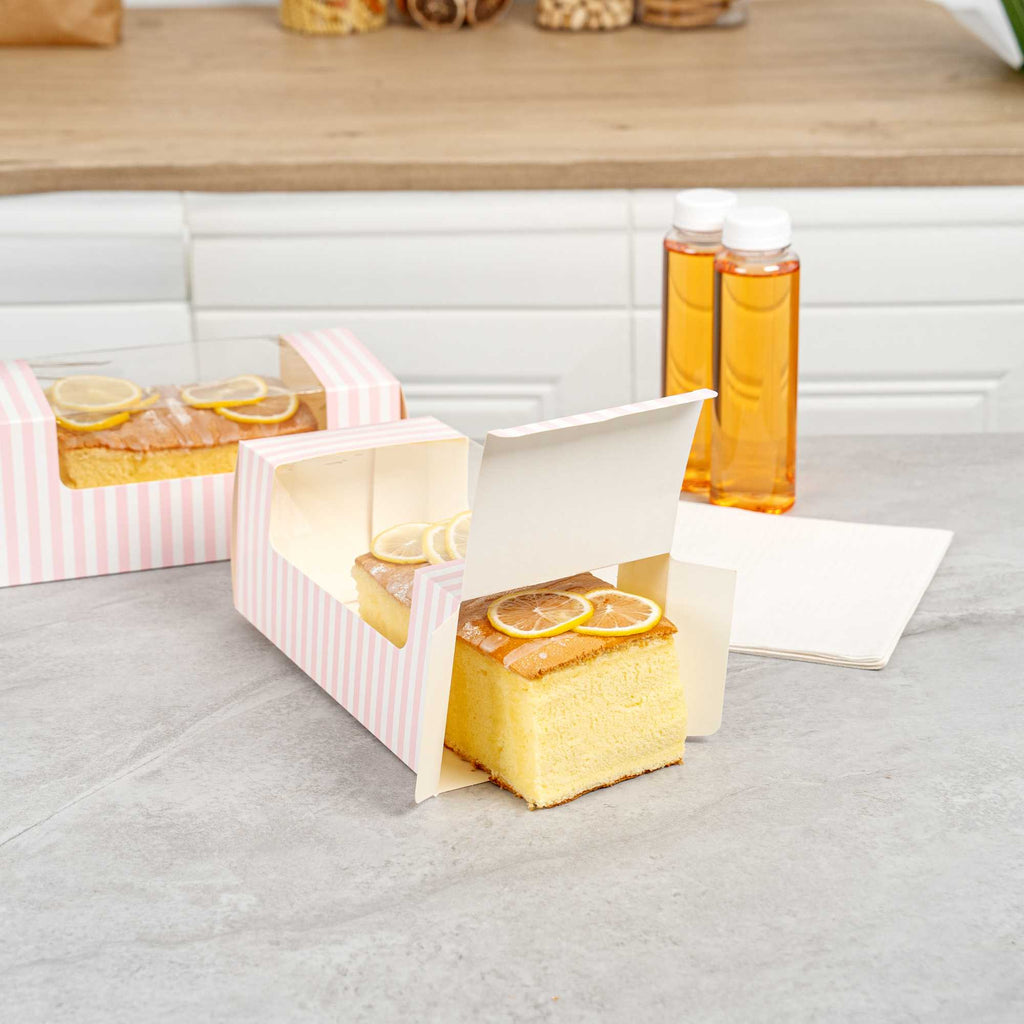 Pastry Tek Pink and White Stripe Paper Pastry / Cake Box - with Window - 9 3/4" x 4 3/4" x 4" - 100 count box