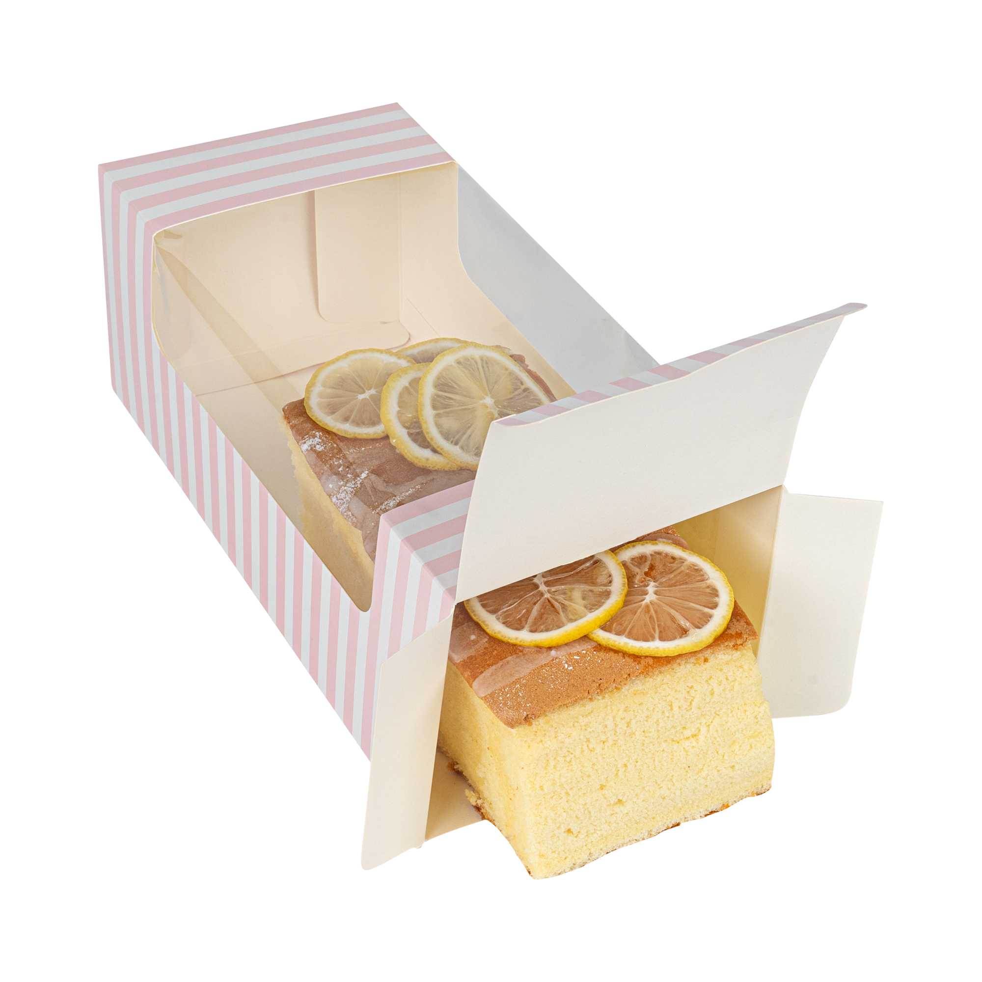 Pastry Tek Pink and White Stripe Paper Pastry / Cake Box - with Window - 9 3/4" x 4 3/4" x 4" - 100 count box