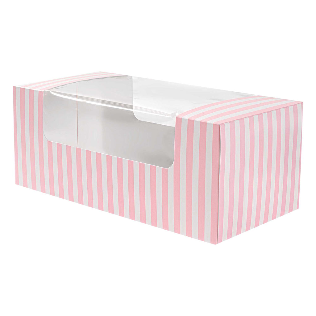 Pastry Tek Pink and White Stripe Paper Pastry / Cake Box - with Window - 9 3/4" x 4 3/4" x 4" - 100 count box