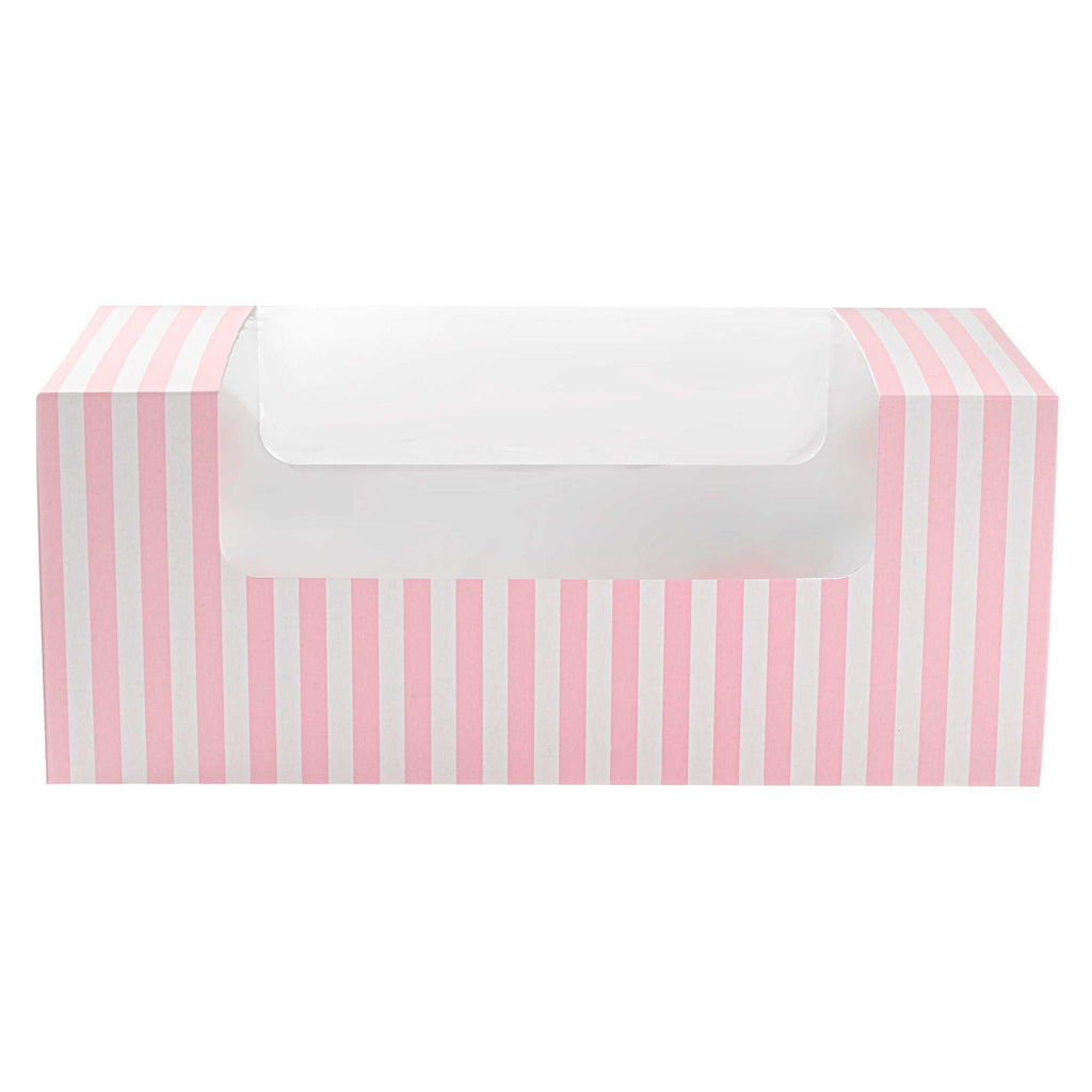 Pastry Tek Pink and White Stripe Paper Pastry / Cake Box - with Window - 9 3/4" x 4 3/4" x 4" - 100 count box