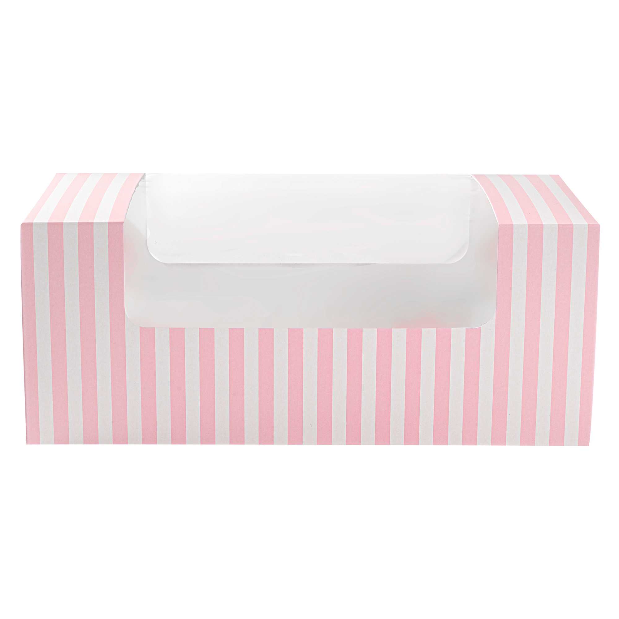 Pastry Tek Pink and White Stripe Paper Pastry / Cake Box - with Window - 9 3/4" x 4 3/4" x 4" - 100 count box