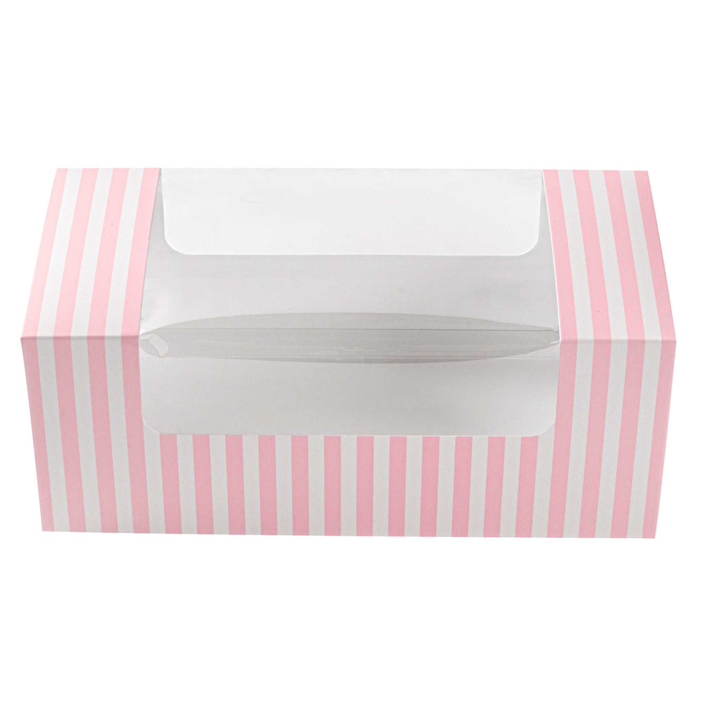 Pastry Tek Pink and White Stripe Paper Pastry / Cake Box - with Window - 9 3/4" x 4 3/4" x 4" - 100 count box