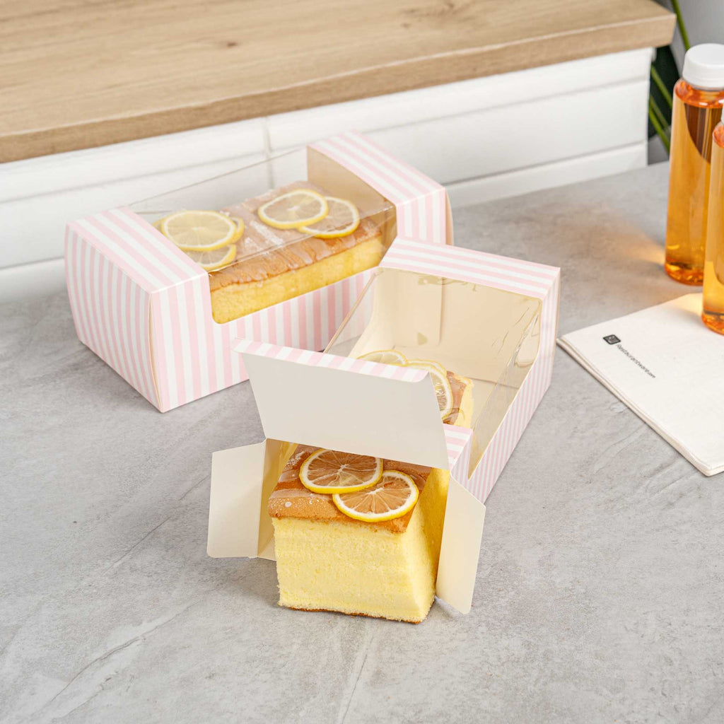Pastry Tek Pink and White Stripe Paper Pastry / Cake Box - with Window - 9 3/4" x 4 3/4" x 4" - 100 count box