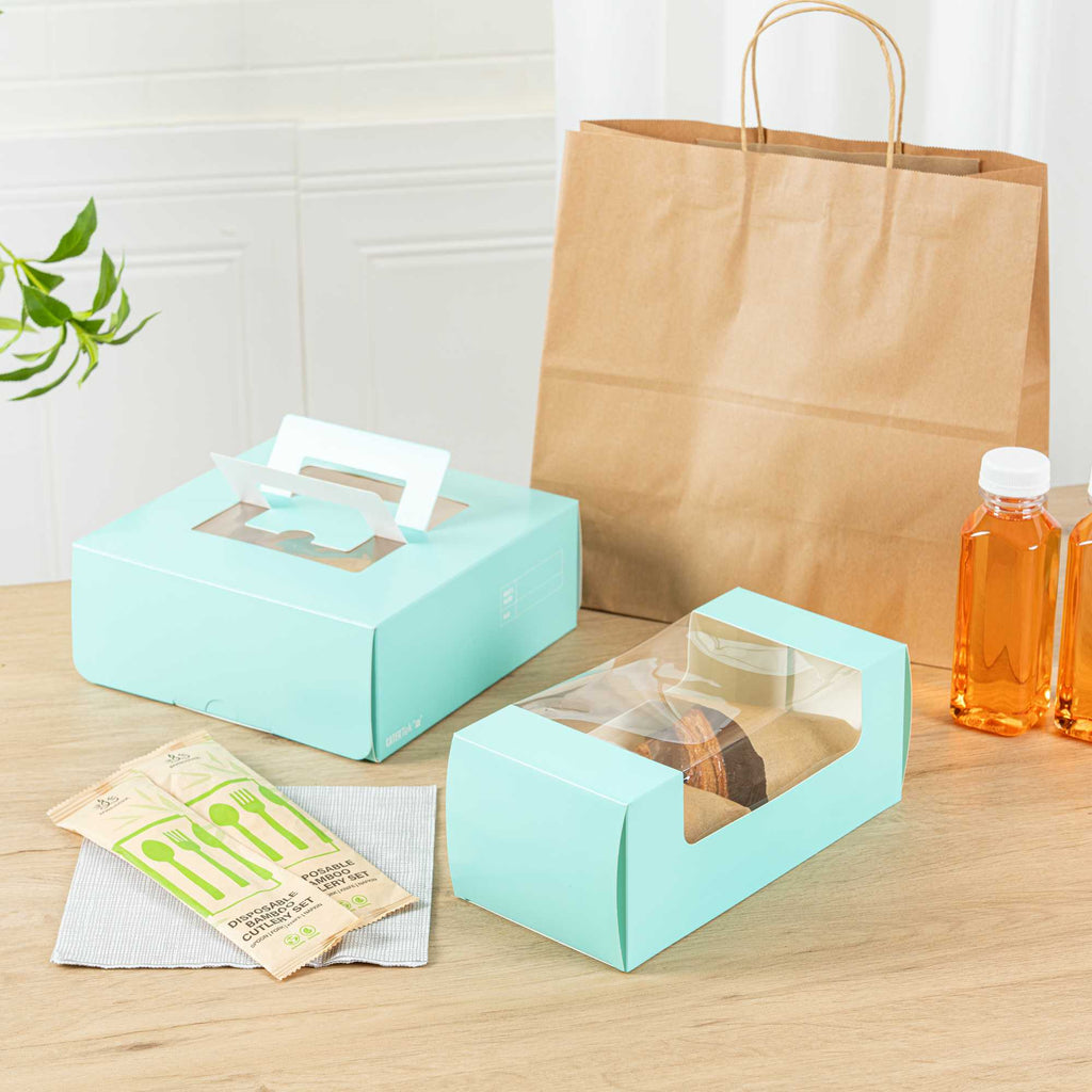 Pastry Tek Turquoise Paper Pastry / Cake Box - with Window - 9 3/4" x 4 3/4" x 4" - 100 count box