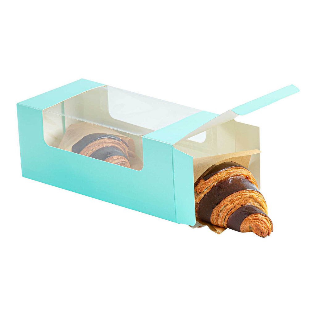 Pastry Tek Turquoise Paper Pastry / Cake Box - with Window - 9 3/4" x 4 3/4" x 4" - 100 count box