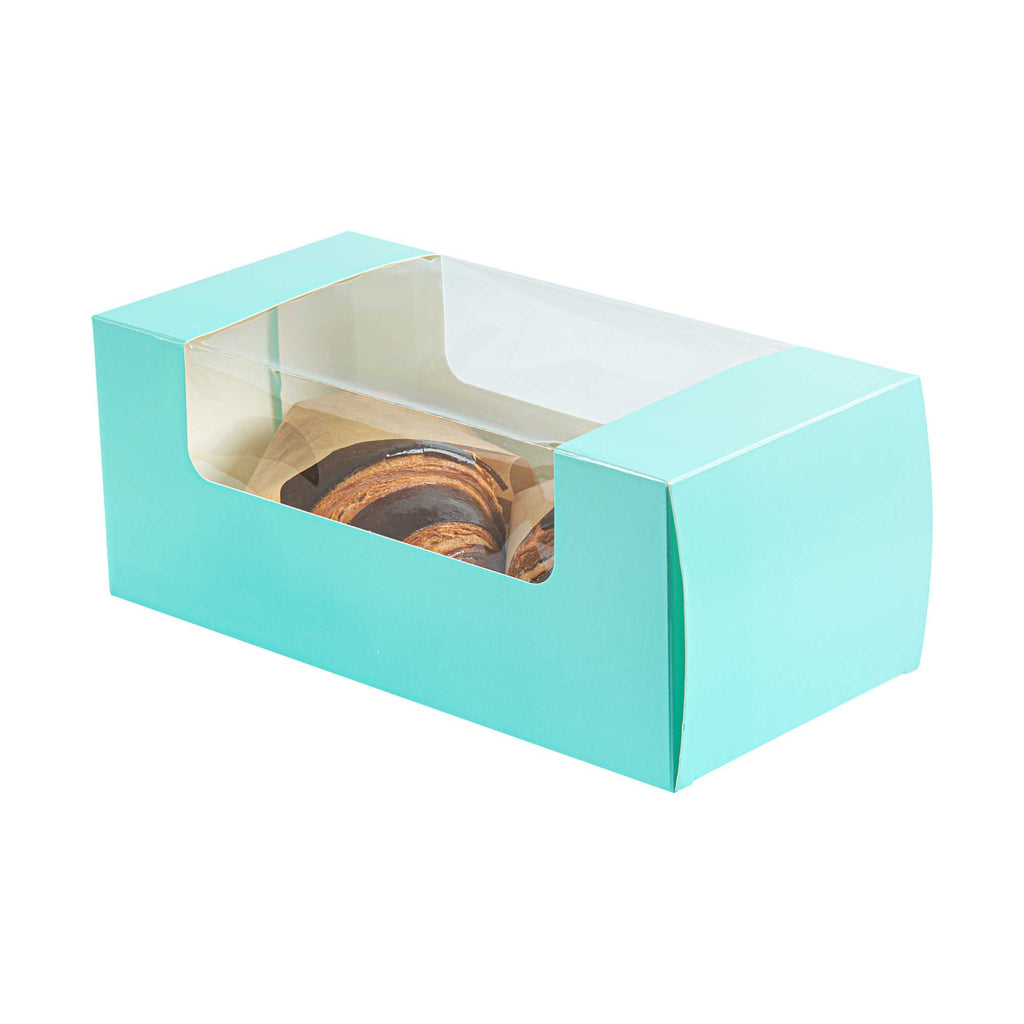 Pastry Tek Turquoise Paper Pastry / Cake Box - with Window - 9 3/4" x 4 3/4" x 4" - 100 count box