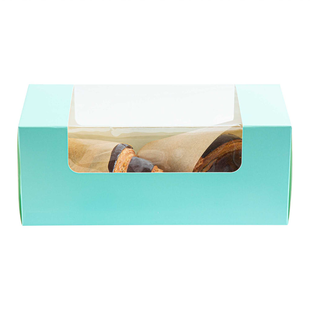 Pastry Tek Turquoise Paper Pastry / Cake Box - with Window - 9 3/4" x 4 3/4" x 4" - 100 count box