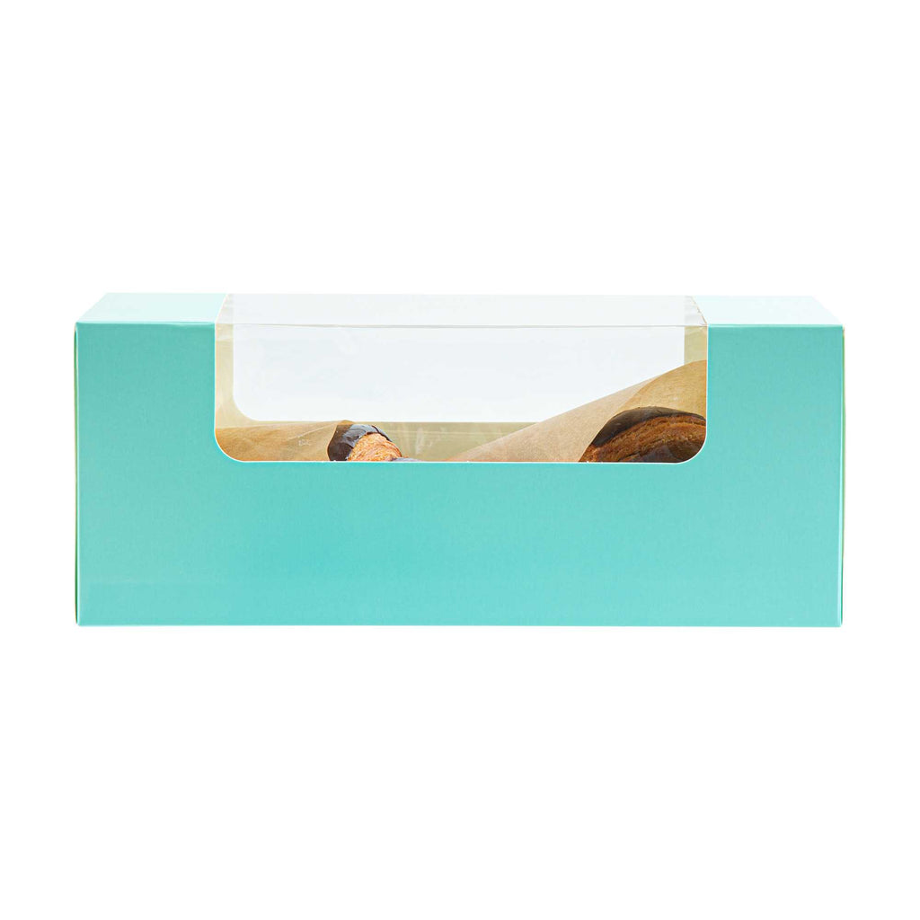 Pastry Tek Turquoise Paper Pastry / Cake Box - with Window - 9 3/4" x 4 3/4" x 4" - 100 count box